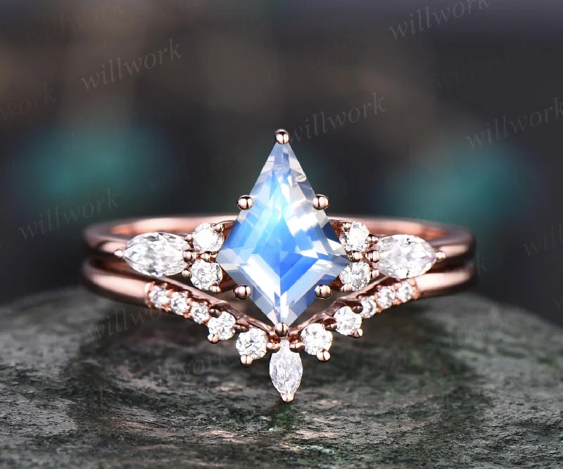 Vintage kite cut natural moonstone engagement ring set 14k rose gold 6 prong marquise cut diamond ring  women unique bridal wedding ring set