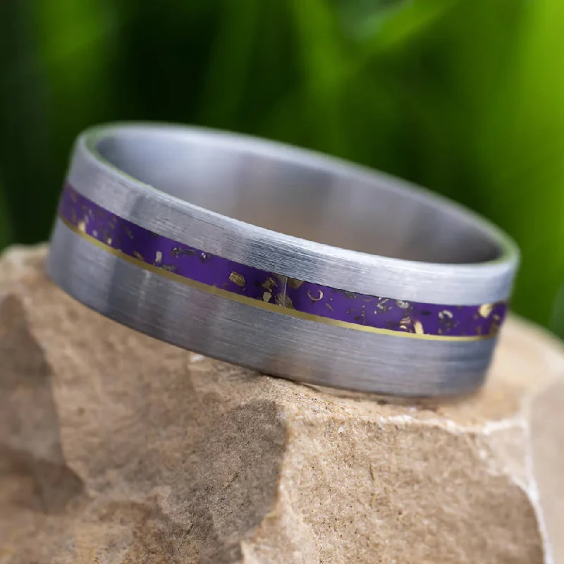 Purple Men's Wedding Band, Stardust Ring With Gold Pinstripe