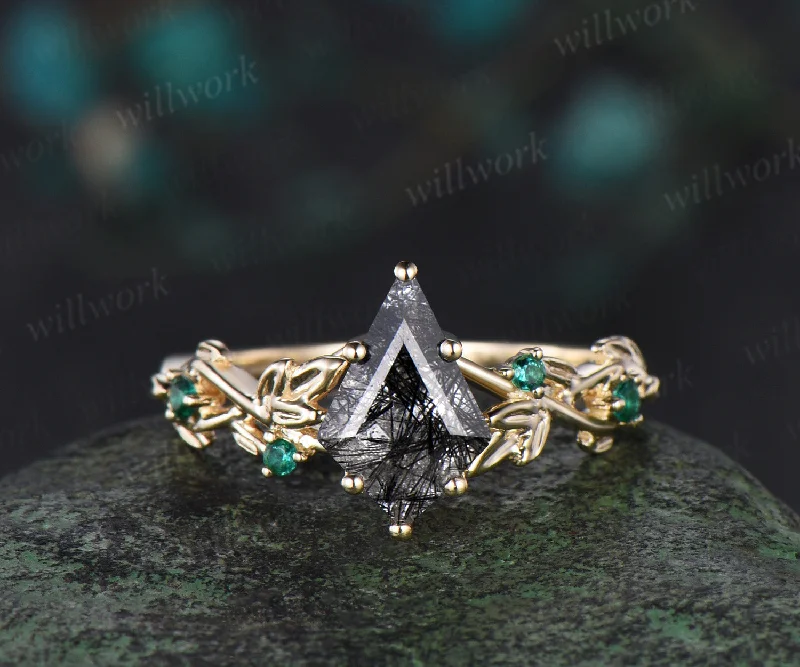 Kite cut black rutilated quartz Engagement Ring yellow gold leaf vine five stone emerald Nature Inspired anniversary ring gift women