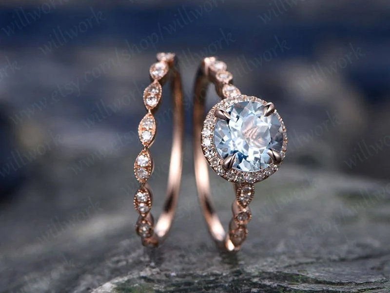 Blue aquamarine engagement ring set solid 14k rose gold handmade diamond halo wedding ring 2PC stacking ring round March birthstone ring set