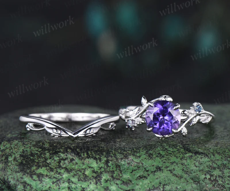 Round cut purple sapphire engagement ring white gold three stone alexandrite nature inspired leaf bridal set women