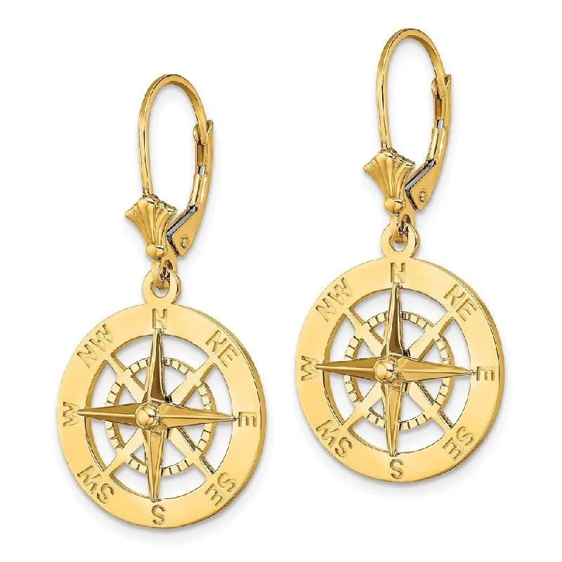 Diamond2Deal 14K Yellow Gold Nautical Compass Leverback Dangle Earrings (L- 1.36 Inch)