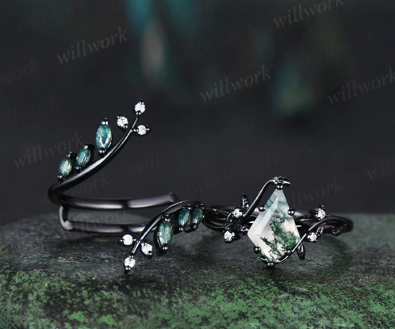 Unique kite cut moss agate leaf engagement ring set twig nature inspired 14k black gold diamond enhancer wedding ring band women