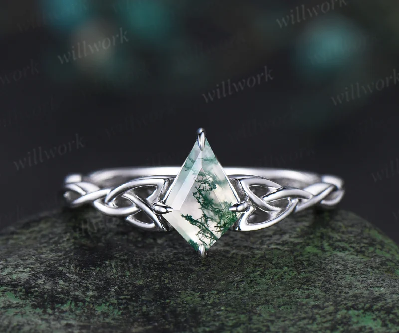 kite cut natural moss agate Celtic knot Solitaire engagement ring white gold Norse Viking Jewelry women anniversary gifts