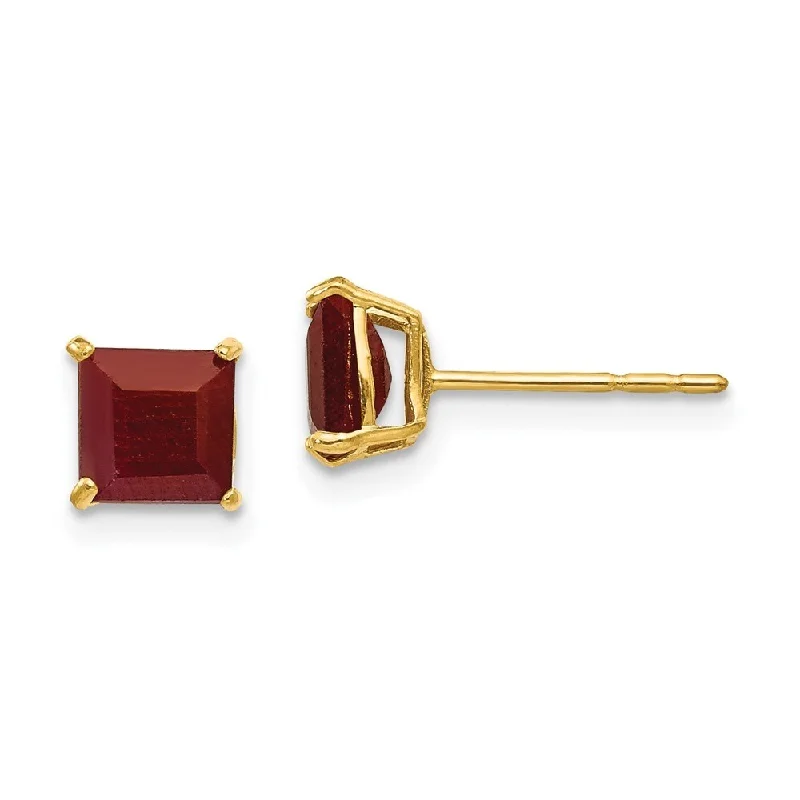 14k Yellow Gold Ruby Square Stud Earrings (L-5 mm, W-5 mm)