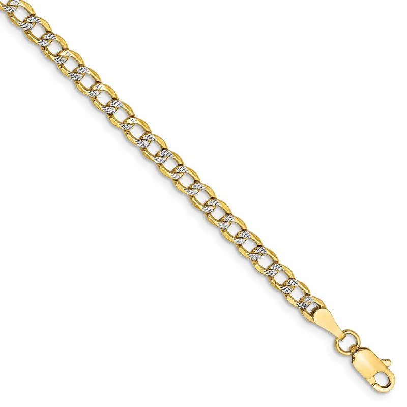 3.4mm 14k Yellow Gold & Rhodium Hollow Pave Curb Chain Bracelet