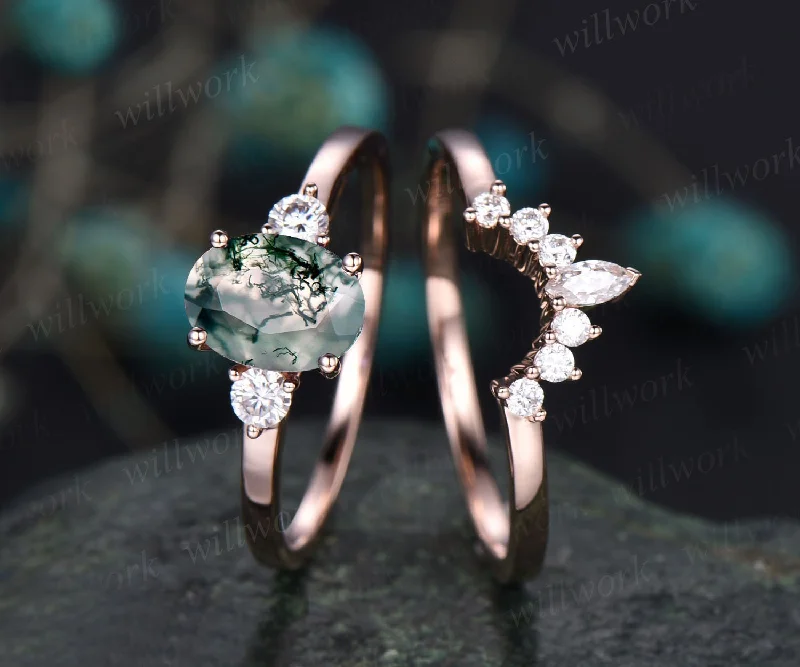 Oval cut green moss agate ring gold silver vintage unique engagement ring set rose gold three stone moissanite bridal wedding ring for women