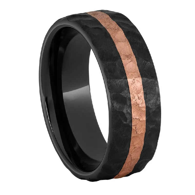 Textured Finish Black Ceramic Ring with Rose Gold Pinstripe