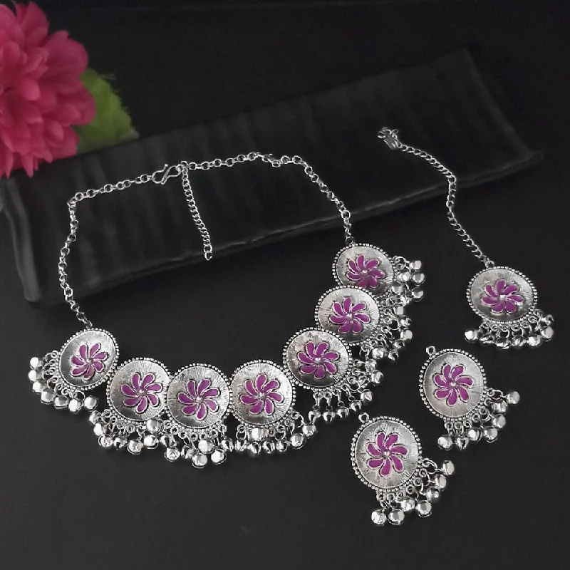 Kriaa Oxidised Plated Pink Meenakari Necklace Set With Maang Tikka - 1116013C