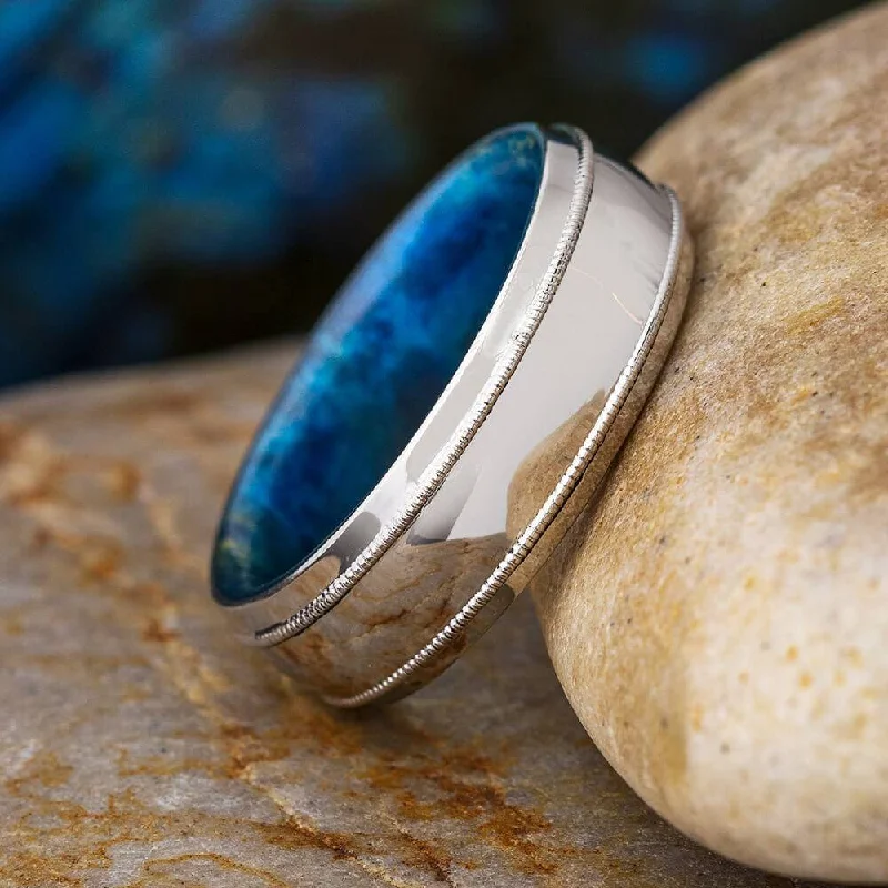 Platinum Wedding Band with Blue Box Elder Wood Sleeve