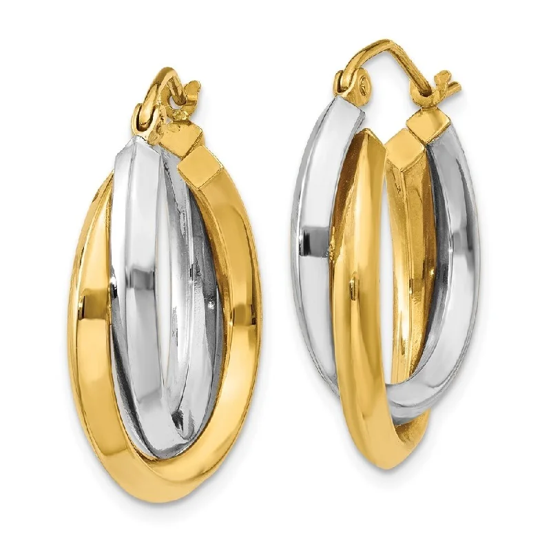 Diamond2Deal 14K Two-tone Gold Polished Double Hoop Earrings (L- 14 mm, W- 7 mm)