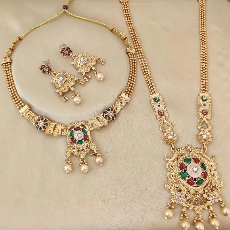 FS Collection Gold Plated Pota Stone And Meenakari Double Necklace Set