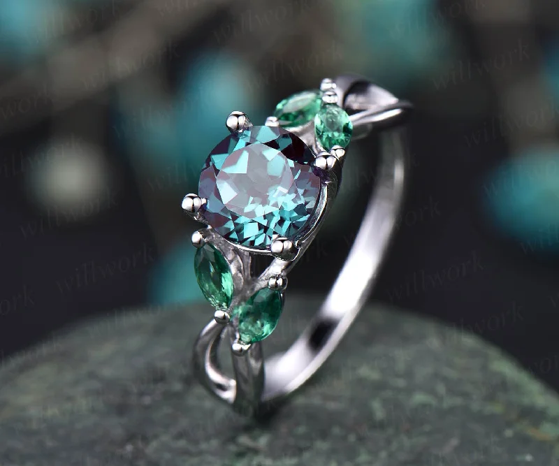 Unique engagement ring vintage engagement ring Alexandrite engagement ring white gold marquise emerald ring gold wedding anniversary gift