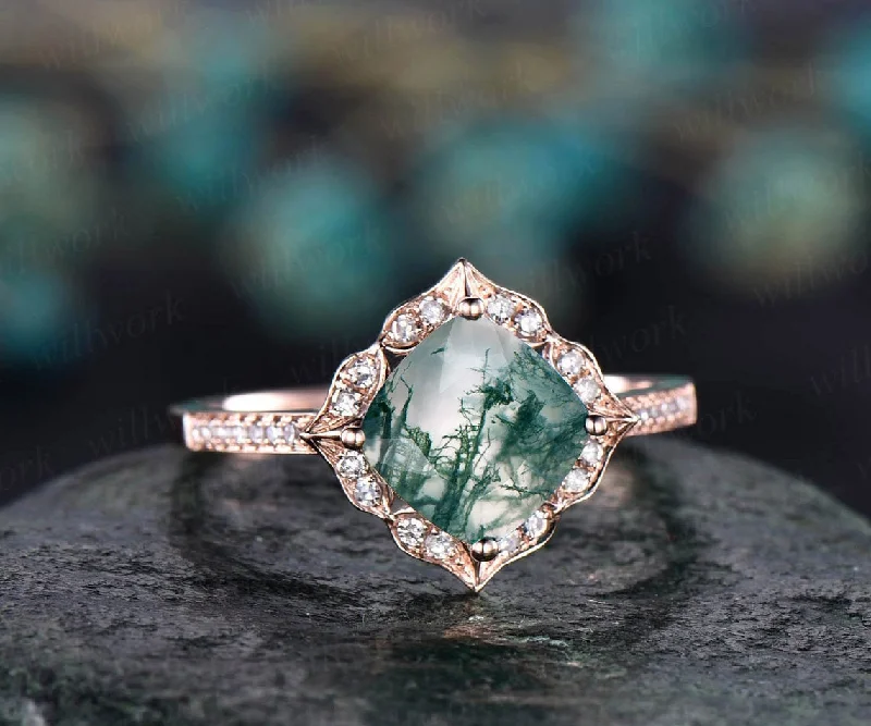 Cushion cut moss agate engagement ring vintage moss agate ring rose gold flower diamond ring halo ring green moss ring anniversary ring gift