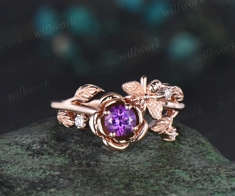 Vintage round cut amethyst engagement ring women solid 14k rose gold leaf honey bee four stone diamond anniversary ring gift