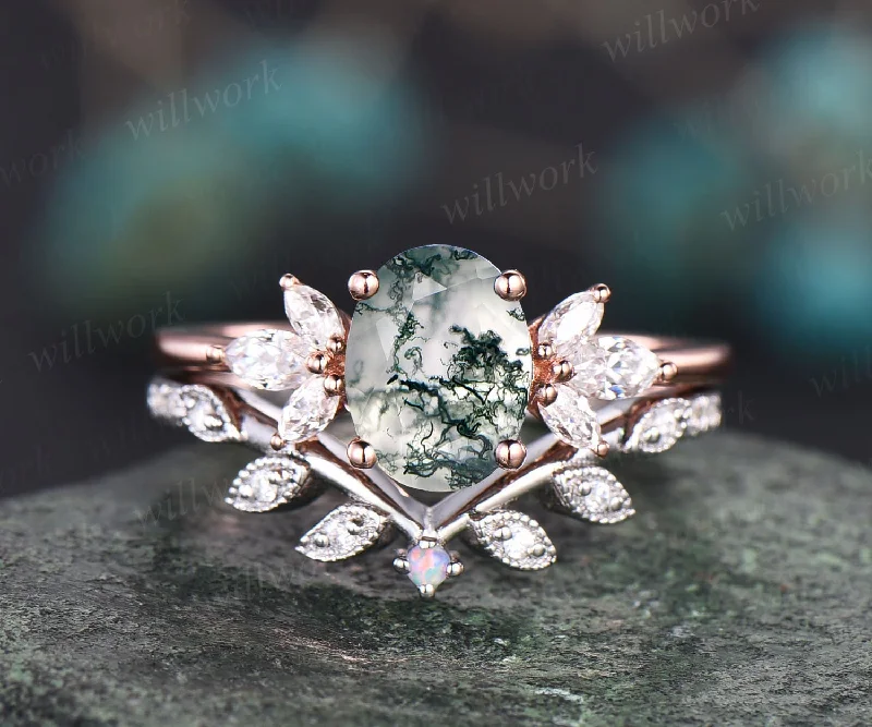 Vintage oval cut green moss agate engagement ring set rose gold art deco leaf flower opal ring siver moissanite wedding ring set for women