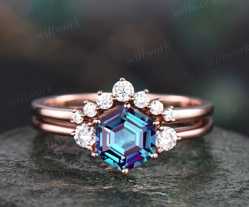 Vintage hexagon cut Alexandrite engagement ring set rose gold three stone moissanite ring minimalist unique bridal wedding ring set women