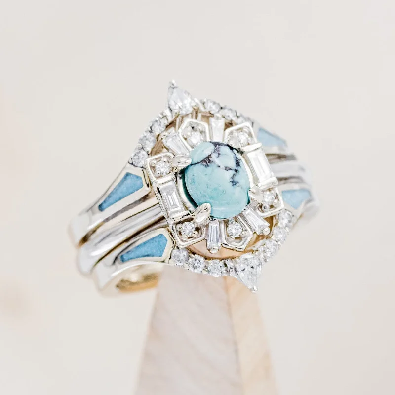 "CLEOPATRA" - BRIDAL SUITE - OVAL TURQUOISE & DIAMOND HALO ENGAGEMENT RING WITH TRACERS