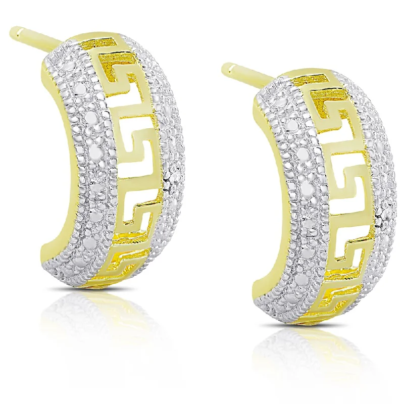 Finesque Gold over Sterling Silver .06ct TDW Diamond Greek Key Design Half-Hoop Earrings