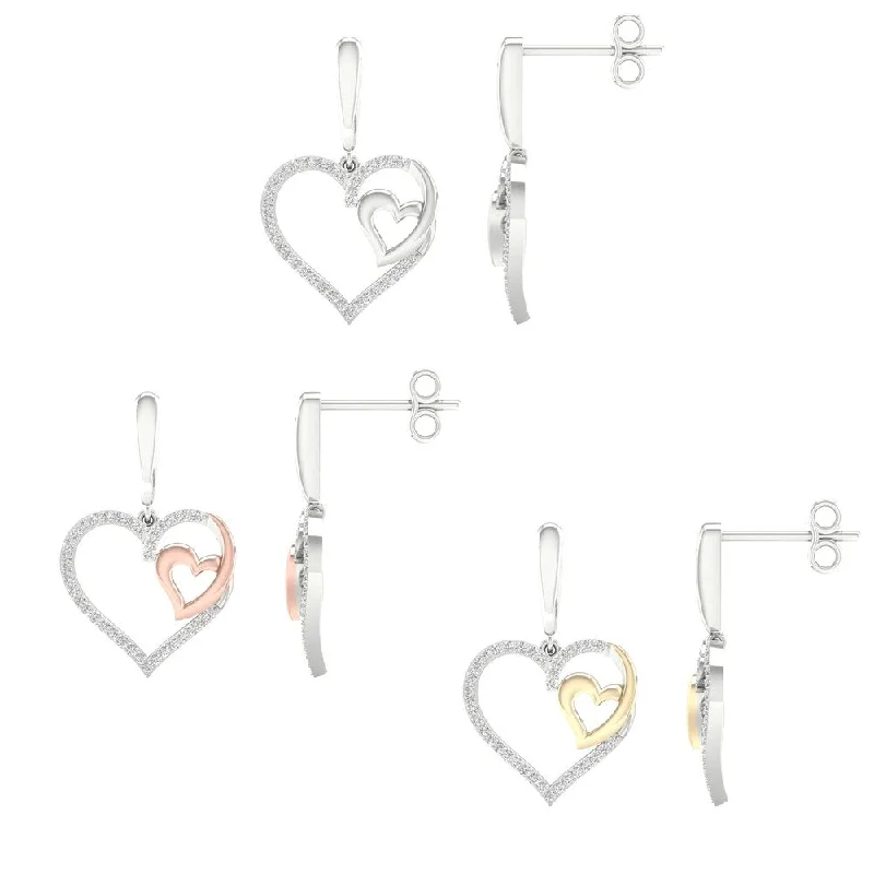 1/5ct TDW Diamond Double Heart Dangle Earrings in Sterling Silver with Gold Plated Heart by De Couer