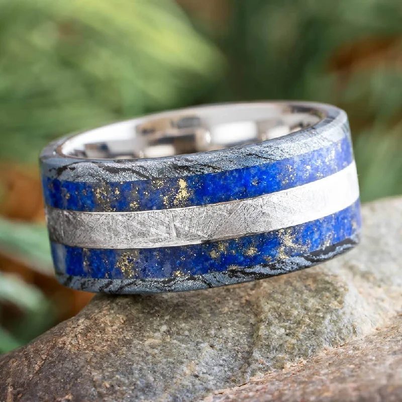 Blue Wedding Band with Meteorite, Lapis, and Mokume