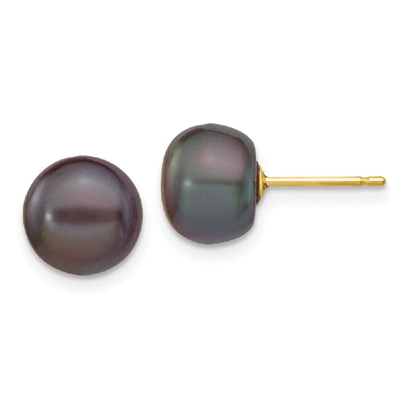 14k Yellow Gold Black Button Cultured Pearl Stud Earrings (L-8 mm, W-9 mm)