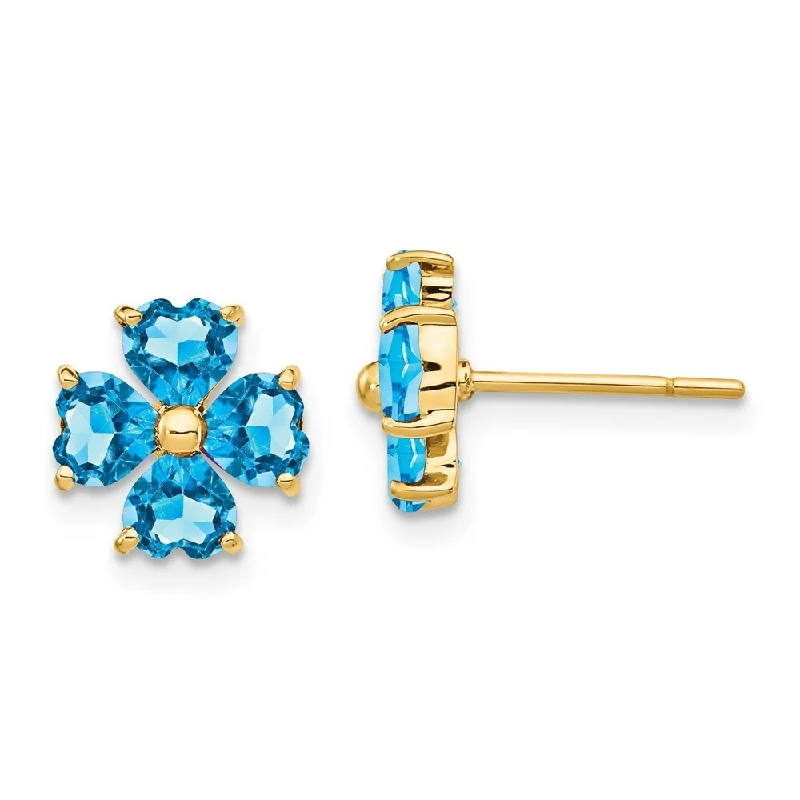 14k Yellow Gold Heart-shaped Swiss Blue Gemstone Flower Earrings (L-9 mm, W-9 mm)