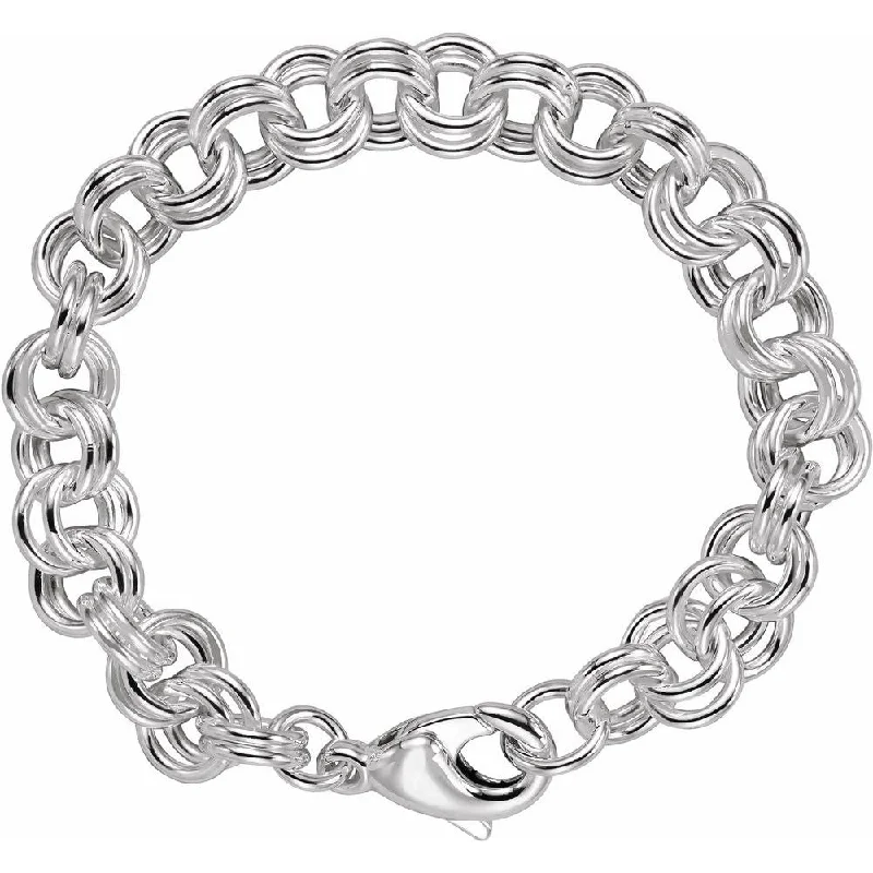 9mm Sterling Silver Solid Double Cable Chain Charm Bracelet, 7.5 Inch