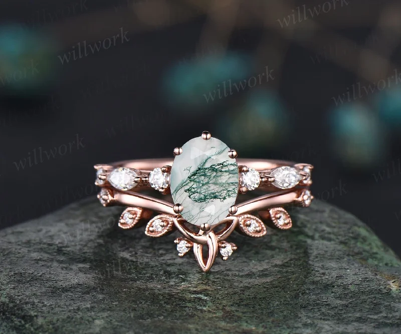 Oval moss agate ring set gold silver Vintage green moss agate engagement ring set rose gold art deco unique engagement ring diamond ring 14k