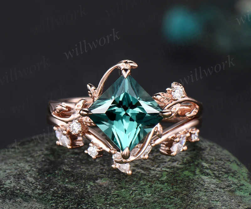 Princess cut green sapphire ring vintage rose gold diamond twig leaf unique engagement ring set three stone anniversary ring women gift