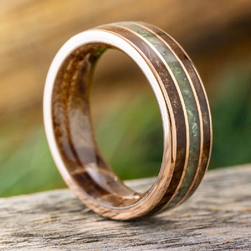 Maple Burl and Green Jade Ring in Solid Gold