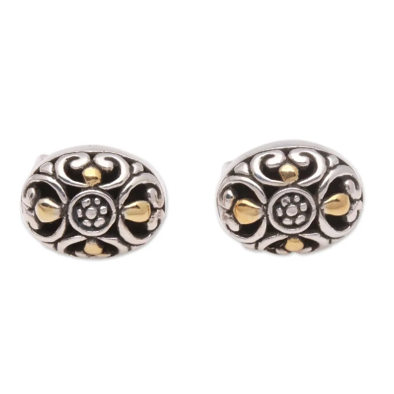 NOVICA Oval Glam, Gold accented sterling silver stud earrings - 0.5*0.4