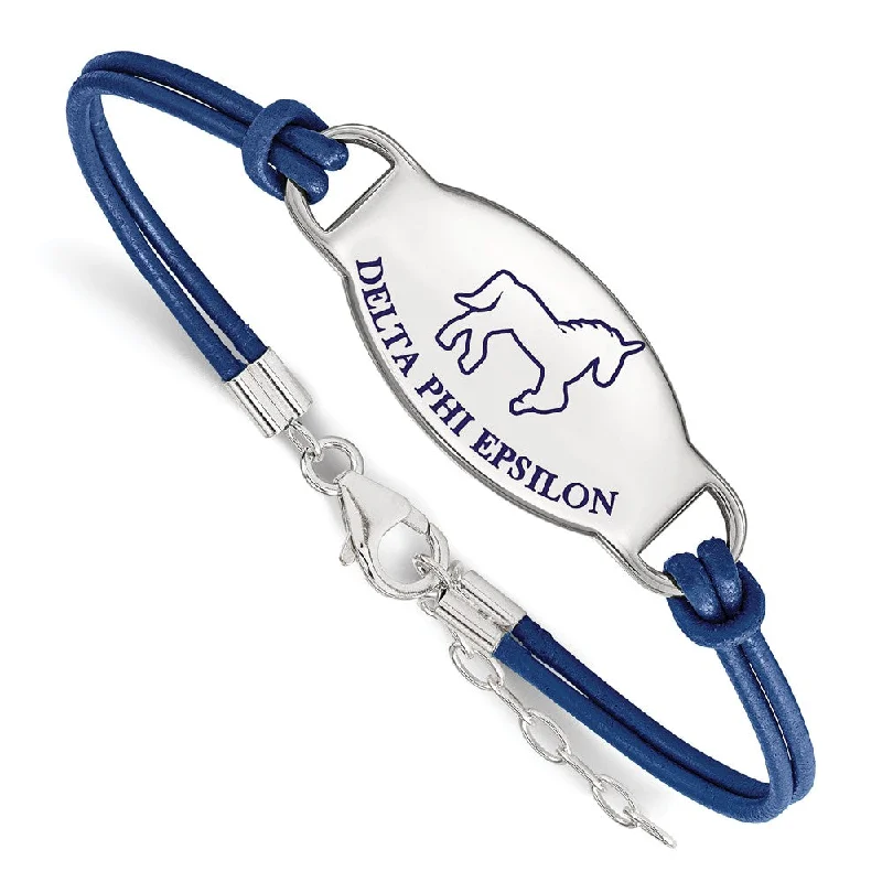 Sterling Silver Delta Phi Epsilon Enamel Blue Leather Bracelet - 7 in.