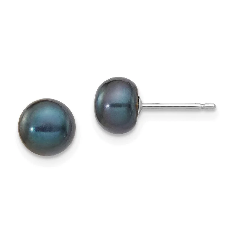 14k White Gold Black Button Cultured Pearl Stud Earrings (L-6 mm, W-7 mm)