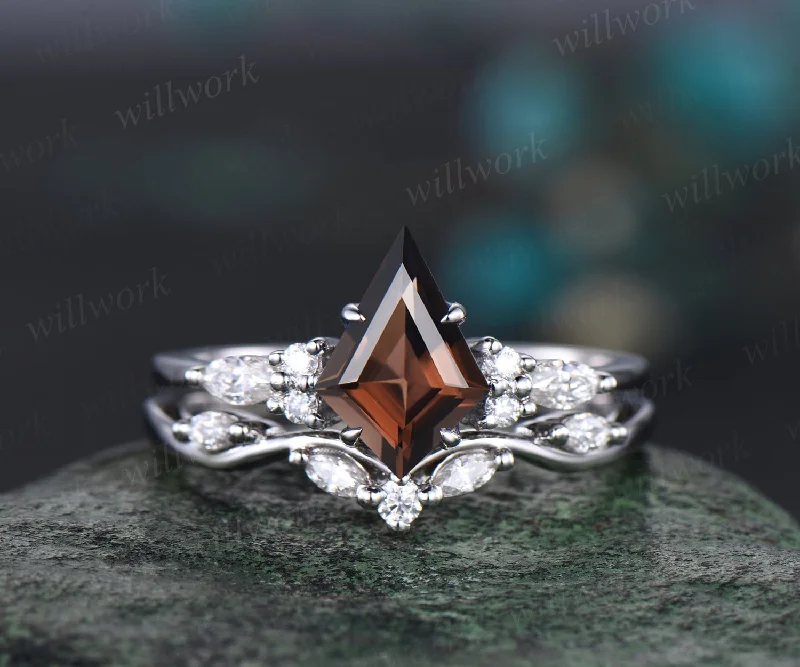 Vintage kite cut brown smoky quartz engagement ring 14k white gold marquise diamond ring for women unique twisted bridal wedding ring set