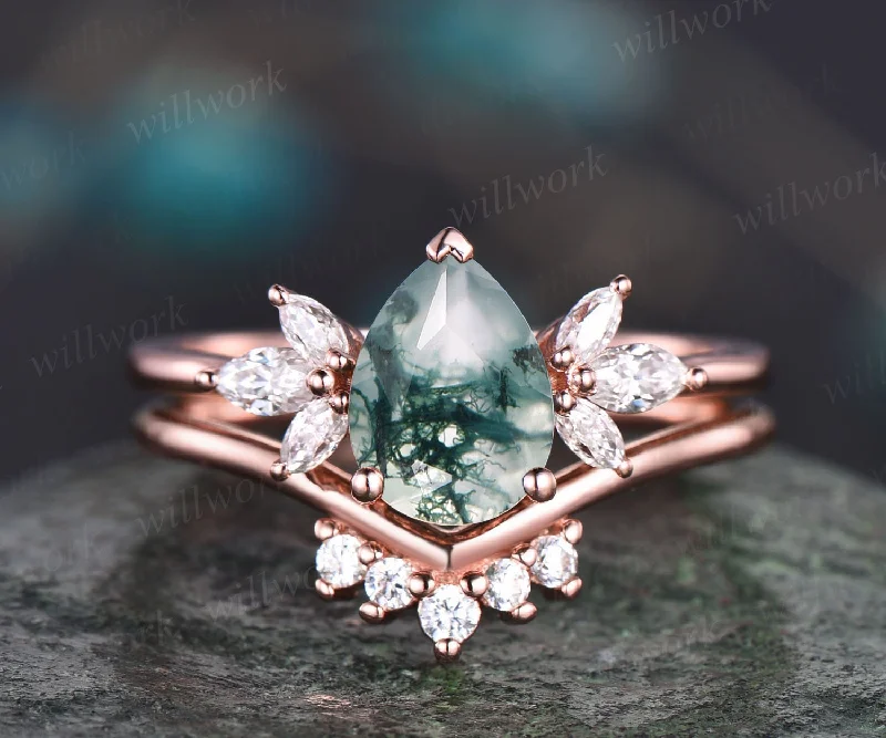 Vintage pear shaped moss agate engagement ring set 14k rose gold 7 stone marquise moissanite ring for women unique bridal wedding ring set