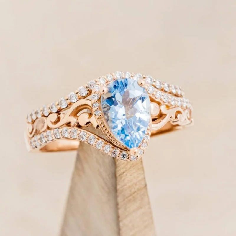 "SCARLET" - PEAR CUT AQUAMARINE ENGAGEMENT RING WITH DIAMOND ACCENTS & TRACER