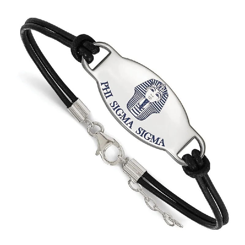 Sterling Silver Phi Sigma Sigma Enamel Black Leather Bracelet - 7 in.