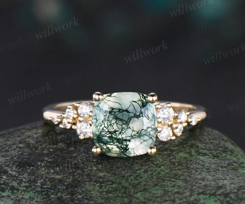 Cushion cut green moss agate engagement ring 14k yellow gold dainty snowdrift diamond anniversary promise ring women gift