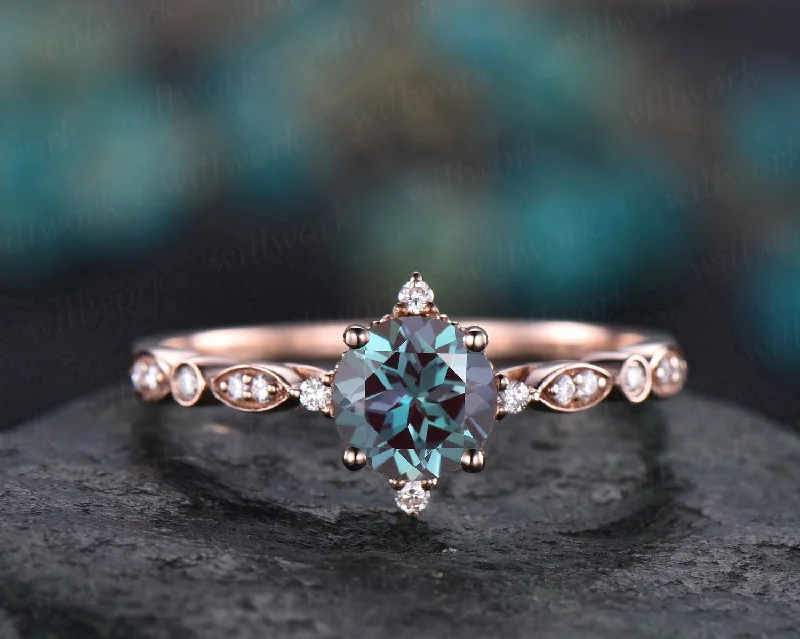 Unique art deco diamond ring Alexandrite engagement ring rose gold Alexandrite ring vintage marquise wedding bridal promise anniversary ring