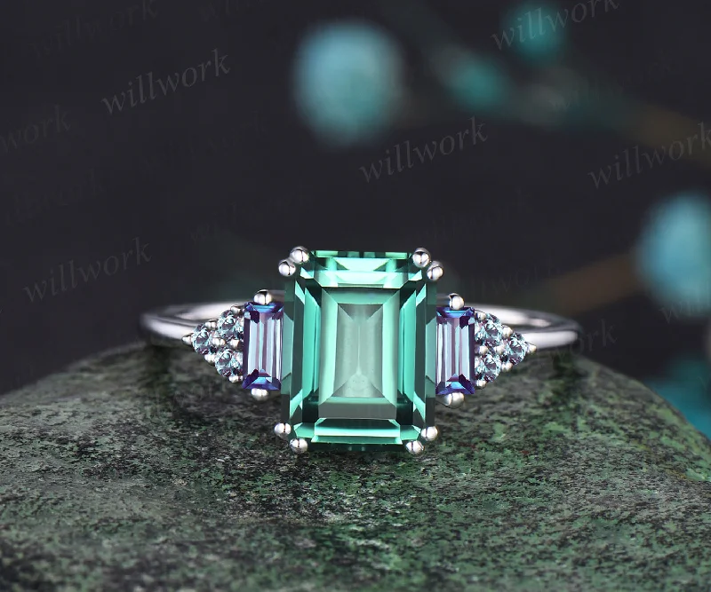 Unique Emerald Cut Green Sapphire Engagement Ring Art Deco Alexandrite Cluster Wedding Ring 14k White Gold Bridal Custom Jewelry