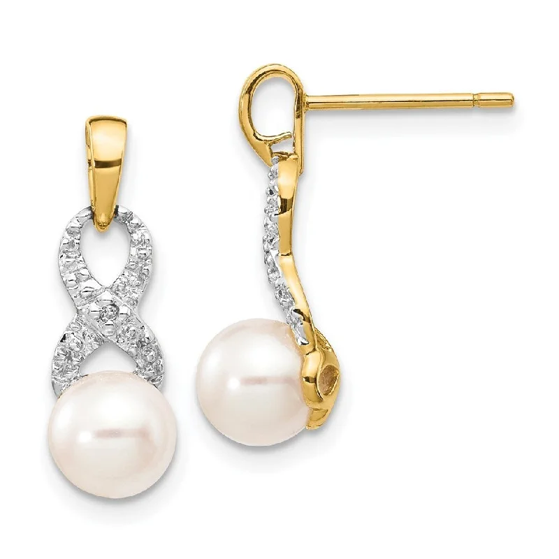 14k Yellow Gold Diamond And 6-7mm Pearl Dangle Earrings (L-17 mm, W-6 mm)