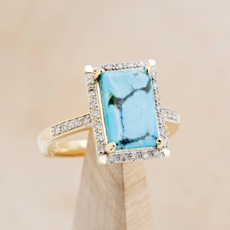 "SIENNA" - EMERALD CUT TURQUOISE ENGAGEMENT RING WITH DIAMOND HALO & ACCENTS