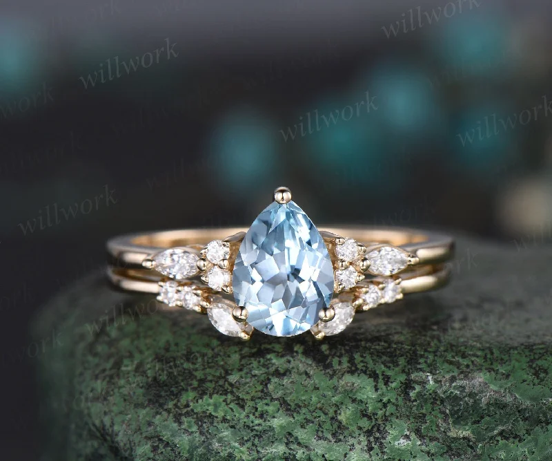 Pear shaped natural aquamarine engagement ring solid 14k 18k yellow gold marquise cut diamond ring women open gap wedding band jewelry