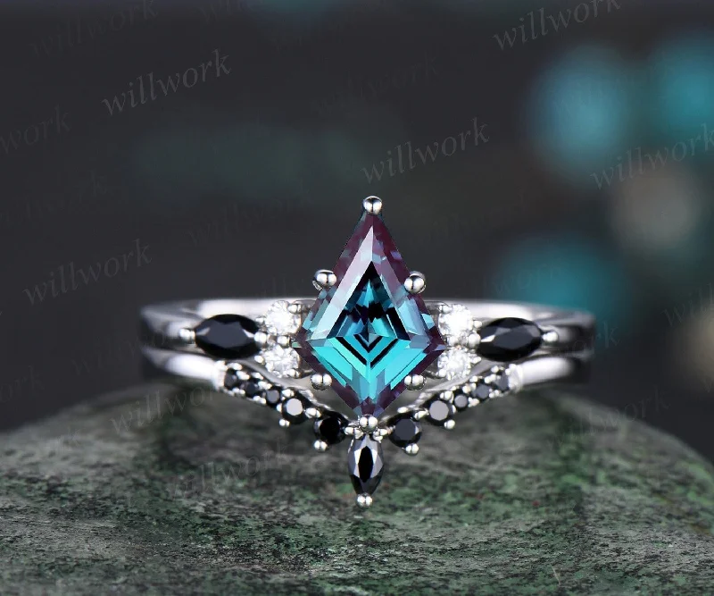 Unique kite alexandrite engagement ring set solid 14k white gold marquise black stone ring set women wedding bridal set jewelry