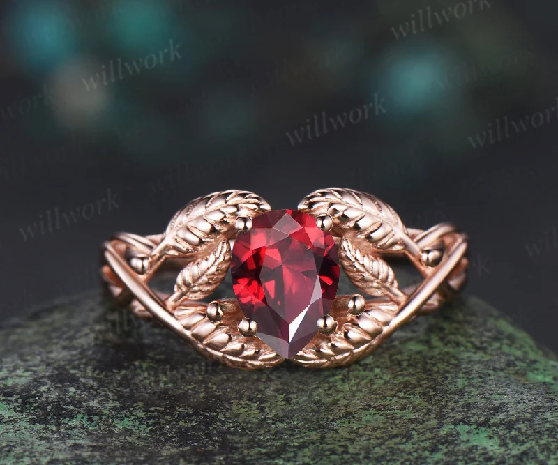 Pear shaped red ruby wedding ring rose gold branch leaf Solitaire infinity engagement ring women Teardrop anniversary gift