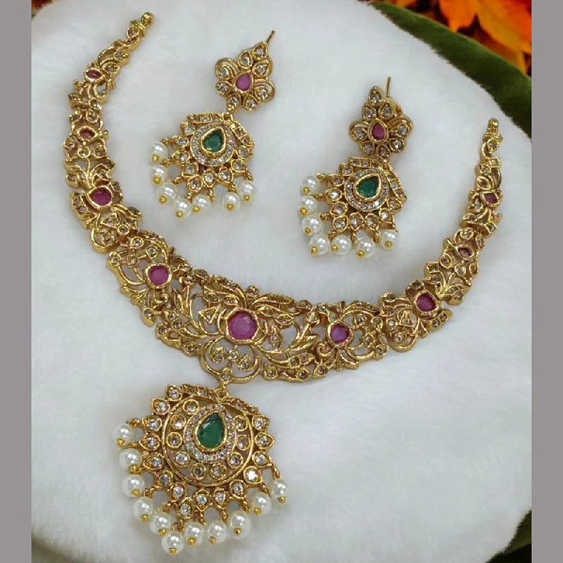 Sona Creation Gold Plated Pota Stone And Pearls Necklace Set