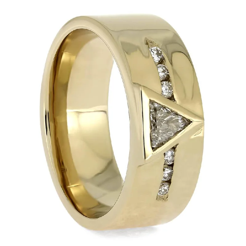 Men's Polished Gold Wedding Band with Triangle Cut Diamond