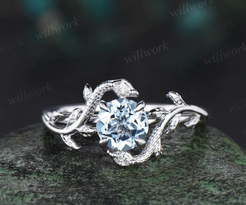 Vintage round cut Aquamarine Engagement Ring 14k White Gold leaf Double Snake diamond ring women nature inspired promise ring her gift