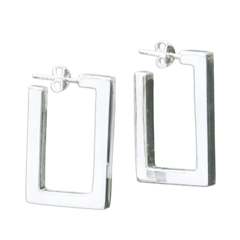 Sterling Silver 'Fair Square' Half Hoop Earrings - 1.1L*0.1W